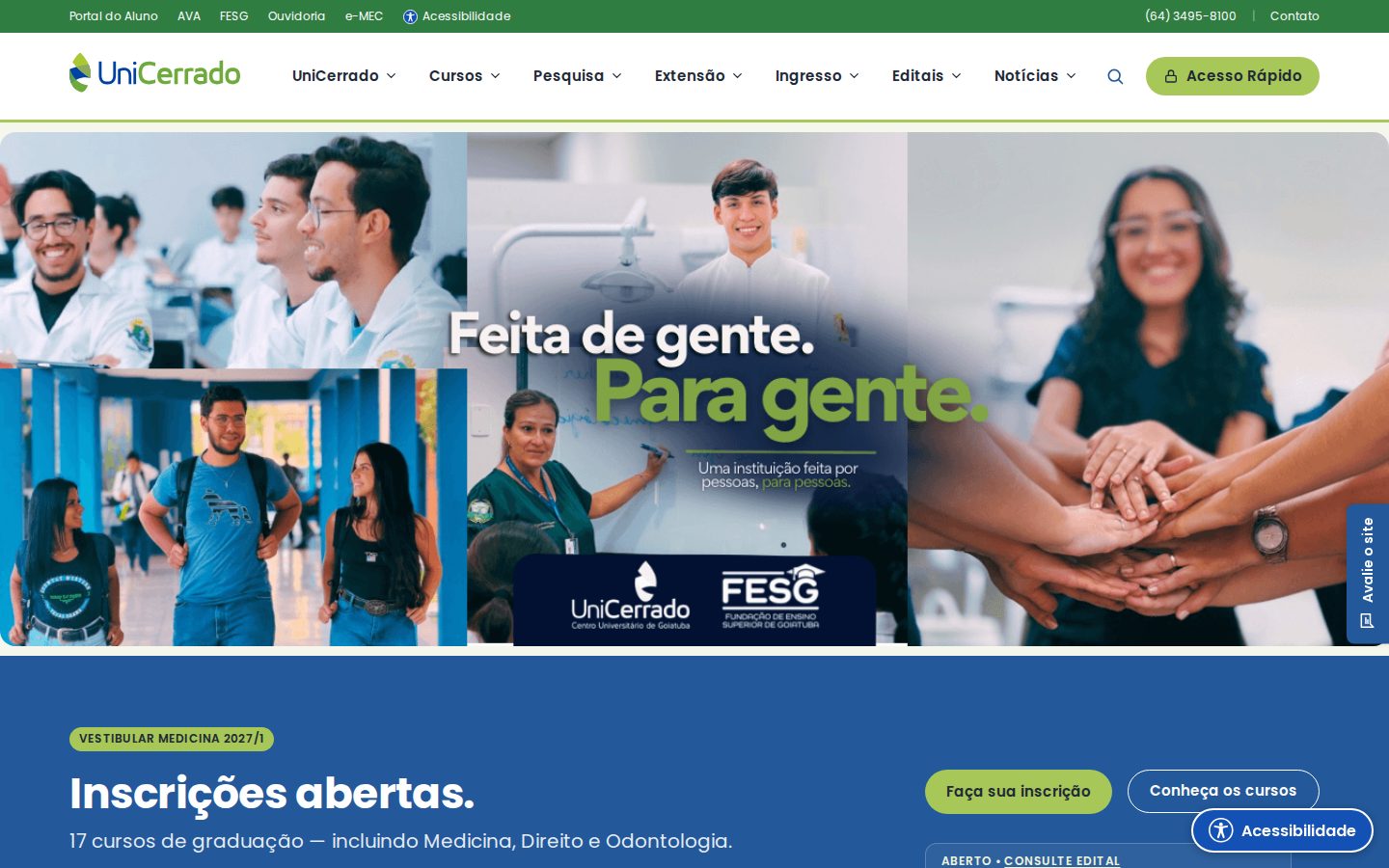 Página inicial do site no computador, com o destaque "Feita de gente. Para gente." e o aviso de inscrições abertas