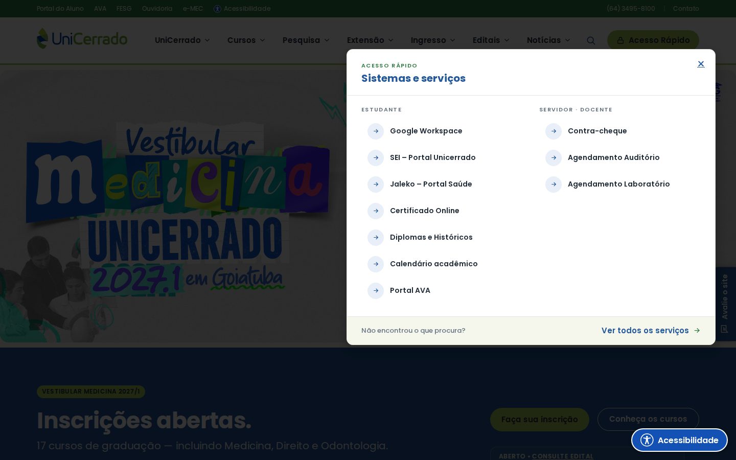 Janela Acesso Rápido aberta no computador, com os sistemas do estudante e do servidor