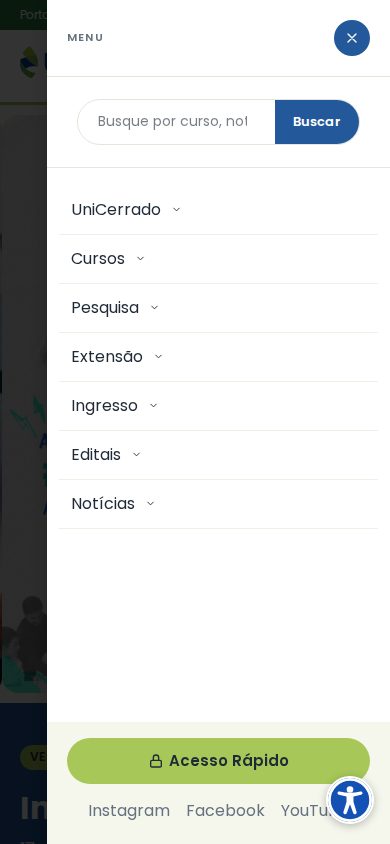 Menu do site aberto no celular, com a busca no topo e o botão Acesso Rápido no fim