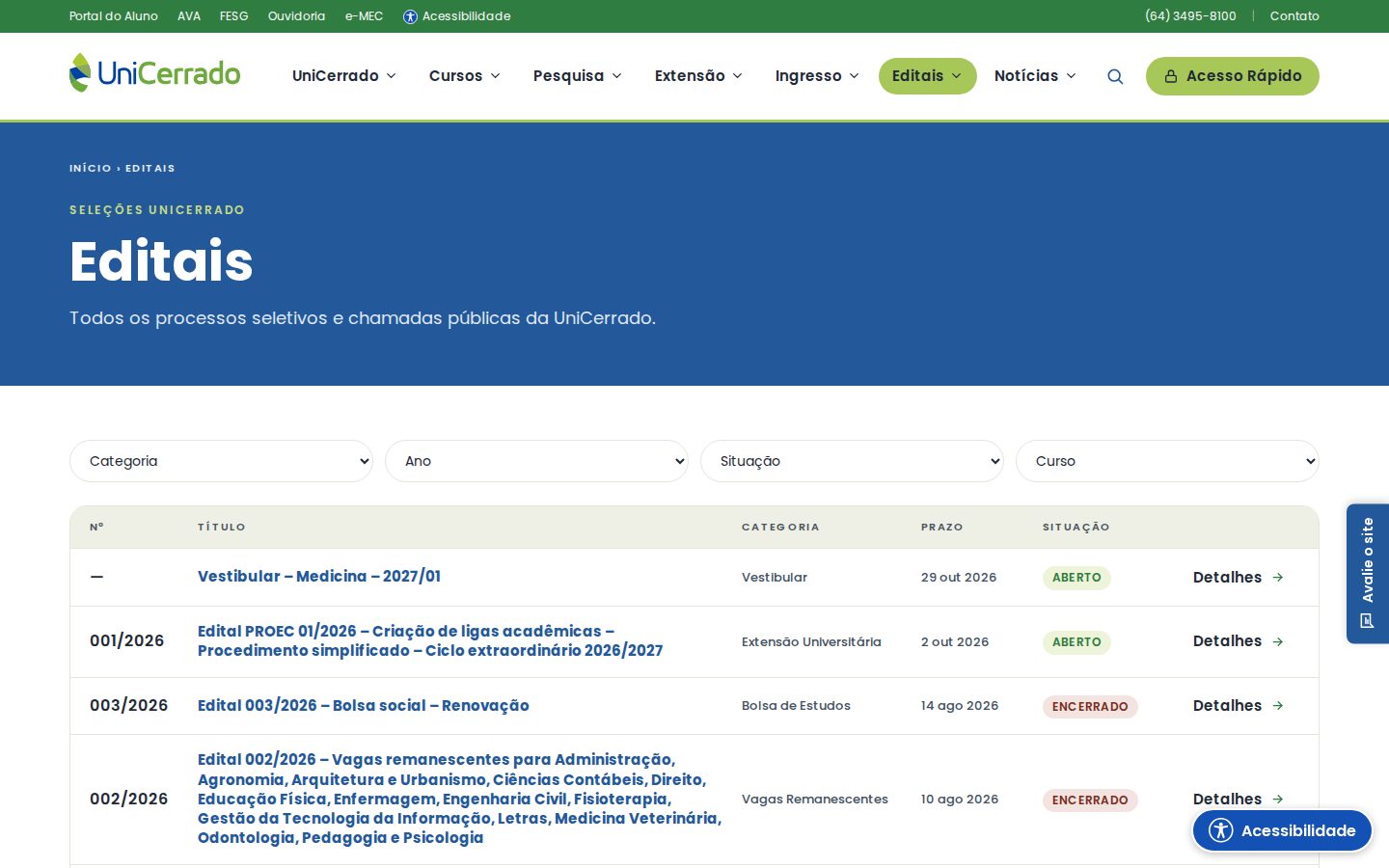 Página Editais no computador, com a lista de editais mostrando prazo e situação aberto ou encerrado