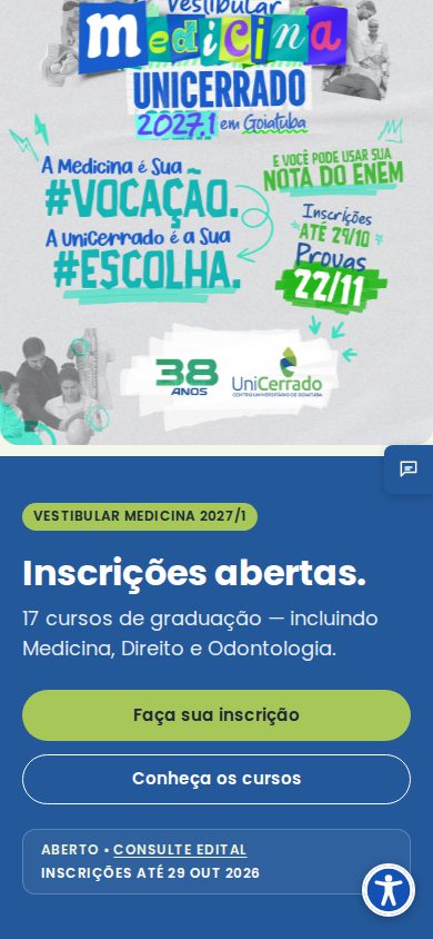 Topo da página inicial no celular, com o aviso de inscrições abertas e o link Consulte edital