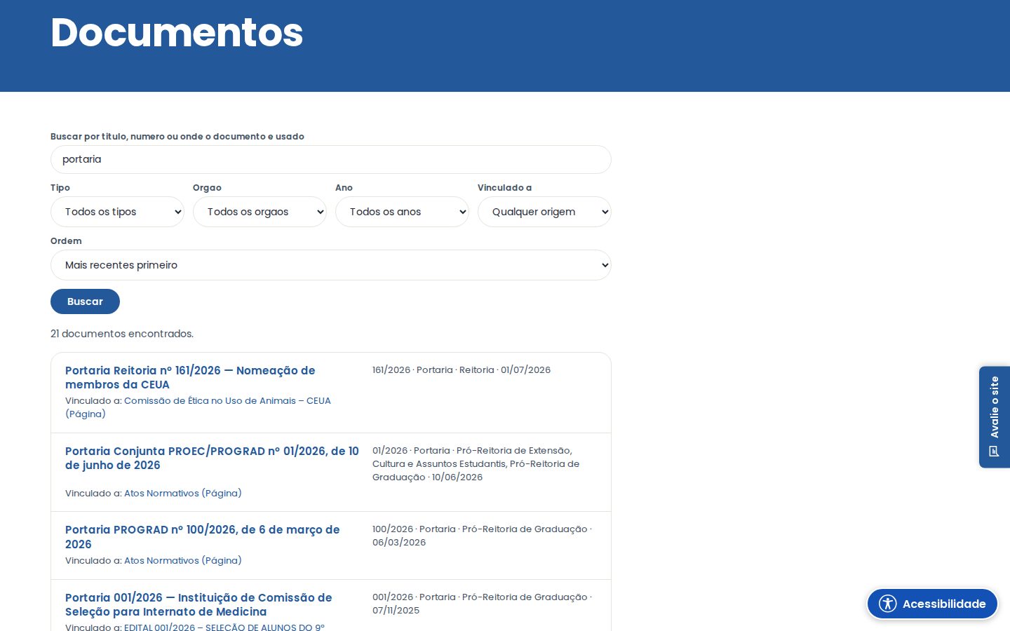Busca de documentos por "portaria", com os resultados e a origem de cada documento