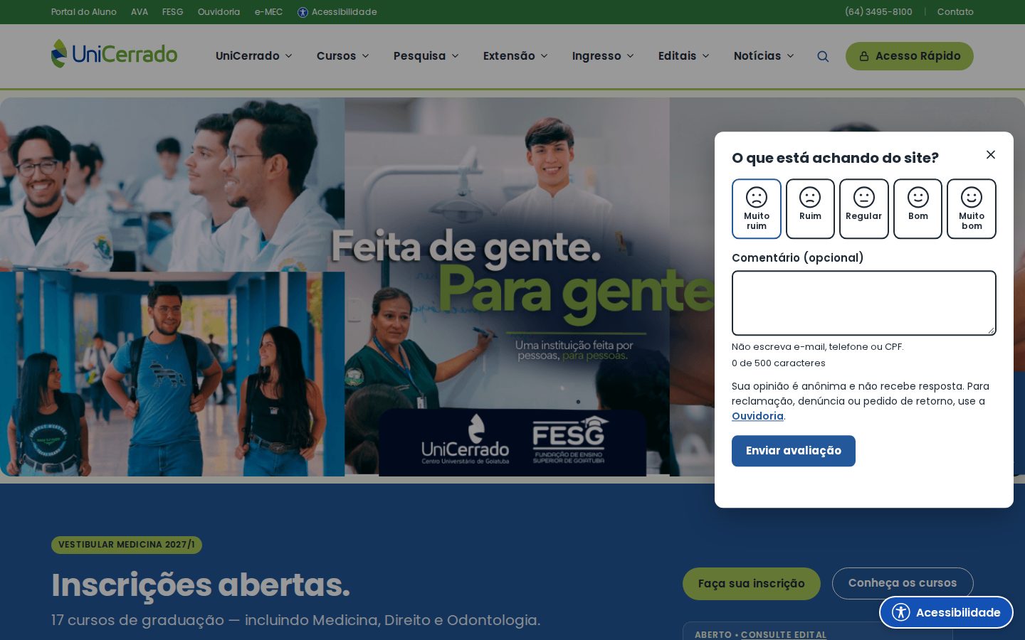 Janela Avalie o site aberta no computador, com cinco opções de nota e comentário opcional